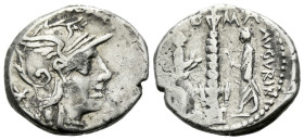 Ti. Minucius c. f Augurinus. Denarius circa 134, AR 18.70 mm., 3.75 g.
Denarius AR 19mm., 3.71g. Helmeted head of Roma r.; behind, *. Rev. TI·MINVCI ...