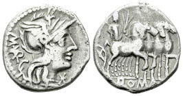 M. Vargunteius. Denarius circa 130, AR 18.20 mm., 3.77 g.
Helmeted head of Roma r.; behind, M·VARG and below chin, *. Rev. Jupiter in slow quadriga r...