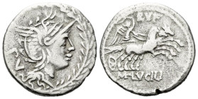 M. Lucilius Rufus. Denarius circa 101, AR 19.50 mm., 3.68 g.
Helmeted head of Roma r.; behind, PV. All within laurel wreath. Rev. RVF Victory in biga...