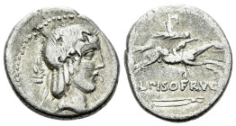 L. Piso Frugi. Denarius circa 90, AR 16.80 mm., 3.71 g.
Laureate head of Apollo r.; below chin, R and behind, lizard. Rev. L PISO FRVGI below, horsem...