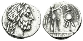 Cn. Cornelius Lentulus Clodianus Quinarius circa 88, AR 13.70 mm., 1.62 g.
Laureate head of Jupiter r. Rev. Victory r. crowning trophy; in exergue, C...