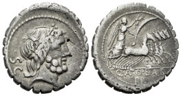 Q. Antonius Balbus. Denarius serratus circa 83-82, AR 18.50 mm., 3.75 g.
Laureate head of Jupiter r.; behind, S·C. Rev. Victory in quadriga r., holdi...