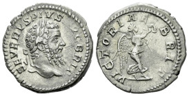 Septimius Severus, 193-211 Denarius Rome circa 210, AR 18.00 mm., 3.15 g.
Laureate head r. Rev. Victory advancing r., holding wreath and palm. RIC 33...