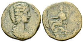 Julia Domna, wife of Septimius Severus Sestertius Rome circa 196-211, Æ 28.00 mm., 20.93 g.
Draped bust r. Rev. Cybele seated l. between two lions, h...