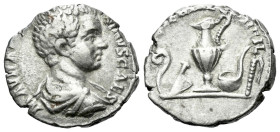 Caracalla caesar, 196-198 Denarius Rome circa 196-198, AR 17.00 mm., 3.22 g.
Bare-headed and draped bust r. Rev. Pontifical implements. C 587. RIC S....