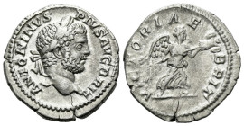 Caracalla, 198-217 Denarius Rome 210-211, AR 18.00 mm., 3.06 g.
Laureate head r. Rev. Victory advancing r., holding trophy. C 629. RIC 231A.

Rare....