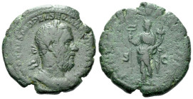 Macrinus, 217-218 As Rome circa 217-218, Æ 26.00 mm., 10.93 g.
Laureate and cuirassed bust r. Rev. Felicitas standing l., holding long caduceus and c...