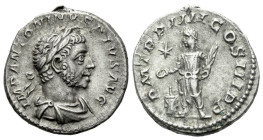 Elagabalus, 218-222 Denarius Rome circa 221, AR 18.00 mm., 3.19 g.
Laureate and draped bust r., wearing horn. Rev. Elagabalus standing left, holding ...