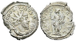 Postumus, 259-268 Antoninianus Treveri 264-265, billon 21.00 mm., 3.42 g.
Radiate, draped and cuirassed bust r. Rev. Felicitas standing l., holding c...