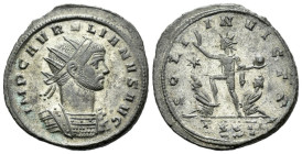 Aurelian, 270-275 Antoninianus Siscia 274, billon 22.00 mm., 4.26 g.
Radiate and cuirassed bust r. Rev. Sol standing l., raising his r. hand in salut...