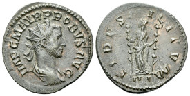 Probus, 276-282 Antoninianus Lugdunum 278-279, billon 23.00 mm., 3.17 g.
Radiate and cuirassed bust r. Rev. Fides standing facing, head l., holding t...