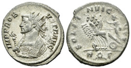 Probus, 276-282 Antoninianus Rome 281, billon 20.00 mm., 3.40 g.
Radiate and mantled bust l., holding eagle-tipped sceptre. Rev. Sol driving quadriga...