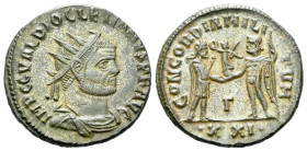 Diocletian, 284-305 Antoninianus Antiochia circa 293-295, billon 20.00 mm., 3.76 g.
Radiate, draped, and cuirassed bust r. Rev. Diocletian standing r...