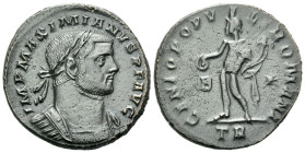 Maximianus Herculius, first reign 286-305 Follis Treveri 298-299, Æ 26.00 mm., 9.24 g.
Laureate and cuirassed bust r. Rev. Genius standing facing, he...