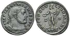 Maximianus Herculius, first reign 286-305 Follis Treveri circa 302-303, Æ 28.00 mm., 10.54 g.
Laureate and cuirassed bust r. Rev. Genius standing l.,...