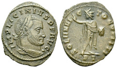 Licinius, 308-324 Follis Ticinum 313, Æ 22.00 mm., 4.26 g.
Laureate head r. Rev. Sol standing front, head l., nude but for chlamys, raising his r. ha...