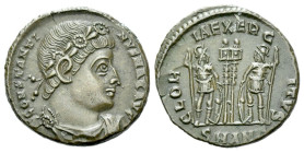 Constantine I, 307-337 Follis Antiochia circa 330-335, Æ 17.00 mm., 2.49 g.
Diademed, draped and cuirassed bust r. Rev. GLORIA EXERCITVS Two soldiers...