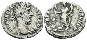 Commodus, 177-192 Denarius Rome 192, AR 17.00 mm., 2.53 g.
Laureate head r. Rev. Fortuna standing facing, head l., placing her r. foot on prow, holdi...