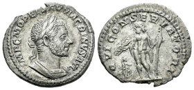 Macrinus, 217-218 Denarius Rome circa 217-218, AR 18.00 mm., 2.29 g.
Laureate and cuirassed bust r., wearing short beard. Rev. Jupiter standing l., h...