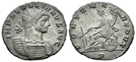 Aurelian, 270-275 Antoninianus Mediolanum 271-272, billon 22.00 mm., 3.71 g.
Radiate and cuirassed bust r. Rev. Fortuna seated l. on wheel, holding r...