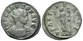 Carus, 282-283 Antoninianus 282-284, billon 22.00 mm., 3.76 g.
Radiate and cuirassed bust r. Rev. Pax standing front, head l., holding olive branch i...