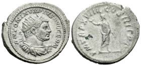 Caracalla, 198-217 Antoninianus Rome circa 215, AR 20.00 mm., 5.18 g.
Radiate and draped bust r. Rev. Serapis standing facing, head l., raising hand ...