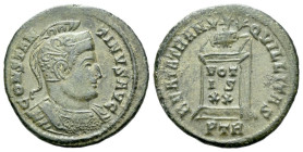 Constantine I, 307-337 Follis Treveri 321, Æ 19.00 mm., 2.49 g.
Helmeted and cuirassed bust r. Rev. Banded globe set on altar inscribed VOTIS XX in t...