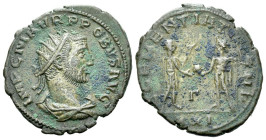 Probus, 276-282 Antoninianus Cyzicus 276, billon 22.00 mm., 3.48 g.
Radiate, draped and cuirassed bust r. Rev. Probus, on the l., standing r., holdin...