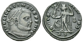 Licinius, 308-324 Follis Siscia circa 313-315, Æ 20.00 mm., 3.05 g.
Laureate head r. Rev. Jupiter standing l., holding globe surmounted by Victory, l...