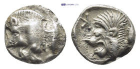MYSIA. Kyzikos. (Circa 450-400 BC). AR Obol. (9mm, 0.86 g) Obv: Forepart of boar left; tunny to right. Rev: Head of roaring lion left; retrograde K in...