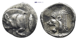 Mysia. Kyzikos 480 BC. Obol AR (9mm, 0.82 g) Forepart of boar left, tunny upward to right / Head of roaring lion left.