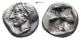 IONIA. Phokaia. (Circa 521-478 BC). AR Diobol. (9mm, 1.2 g) Obv: Archaic female head left, wearing earring and helmet or close fitting cap.. Rev: Quad...
