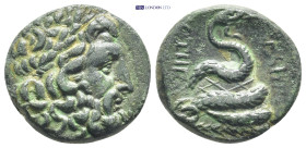Mysia, Pergamon. Ca. 133-27 B.C. AE (20mm, 7.3 g) Laureate head of Asklepios right, serpent coiled around omphalos.