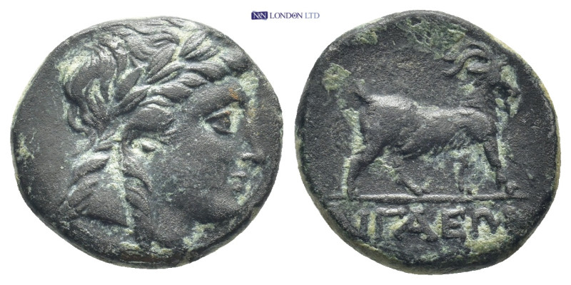 AEOLIS. Aigai. Ae (17mm, 3.6 g) (2nd-1st centuries BC). Obv: Laureate head of Ap...