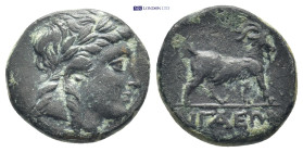 AEOLIS. Aigai. Ae (17mm, 3.6 g) (2nd-1st centuries BC). Obv: Laureate head of Apollo right. Rev: AIΓAEΩN. Goat standing right.