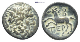 Pisidia, Termessos Æ (18mm, 4.3 g). Dated CY 2 = 70/69 BC. Laureate head of Zeus to right / Horse running to left; B (date) above, TEP below.