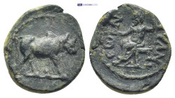 CAPPADOCIA. Tyana.(1st century BC).Ae. (14mm, 2.33 g) Obv : Bull standing right. Rev : TVANЄωN. Zeus seated left on throne, holding sceptre and patera...