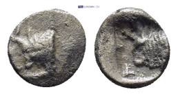 CARIA.Uncertain. Circa 5th Century BC. AR Diobol. (6mm, 0.28 g) Confronted foreparts of two bulls / Forepart of a bull left, in incuse square
