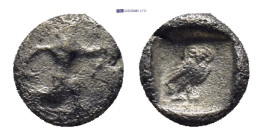 CILICIA, Uncertain. 4th century BC. AR Tetartemorion (5mm, 0.18 g). Persian king or hero, wearing kidaris and kandys , in kneeling-running stance righ...