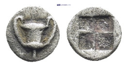 CYCLADES. Naxos. (Circa 520/15-490/70 BC). AR Tetartemorion. (5mm, 0.18 g) Obv: Kantharos. Rev: Quadripartite incuse square.