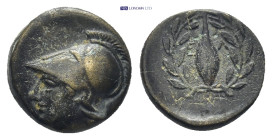 Aeolis. Elaia circa 350-300 BC. Bronze Æ (11 mm., 1,5 g). Helmeted head of Athena left / Grain-ear, to left and right, E-Λ, all within olive wreath.