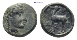 ASIA MINOR, Uncertain (circa 4th-3rd century BC). AE. (9mm, 0.9 g)Obv: Head of Goddess to right, wearing stephanos and earring. Rev: Α-Σ-Τ Stag standi...