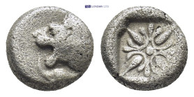 IONIA, Miletos. ca. 500 BC. AR Diobol (10mm, 1.09 g) Forepart of lion Rev.Starlike floral ornament in shallow incuse square.