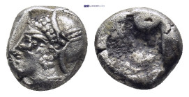 IONIA. Phokaia. (Circa 521-478 BC). AR Diobol. (9mm, 1.28 g) Obv: Archaic female head left, wearing earring and helmet or close fitting cap.. Rev: Qua...