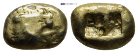 KINGS OF LYDIA. Time of Alyattes-Kroisos. EL Trite (13mm, 4.7 g) (Circa 610-546 BC). Obv: Forepart of roaring lion right; cross (sun) over fore head. ...