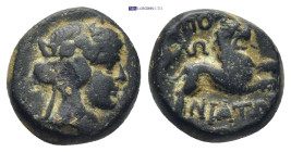 Lydia, Tripolis as Apollonia. Ca. 2nd century B.C. AE (13mm, 3.3 g). Wreathed head of Dionysos right / [AΠO]ΛΛ[O]NIATΩN, Lion leaping right over maean...
