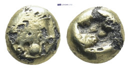 Kings of Lydia. Sardeis. Time of Alyattes to Kroisos circa 620-539 BC. Foureé 1/24 Stater EL (7mm., 0,88 g). Head of roaring lion right, with star on ...