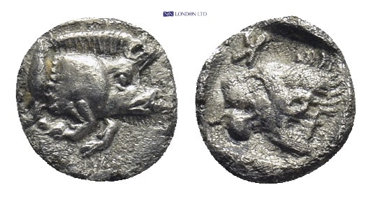 Mysia, Kyzikos AR Hemiobol (Silver, 0.28 g, 6mm) ca 525-475 BC. Obv: Forepart of...