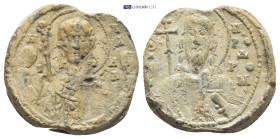BYZANTINE LEAD SEAL. (22mm, 8.79 g) Obv: facing bust of St. Michael the Archangel, holding scepter and globus. Rx:Nimbate facing bust of John the Bapt...