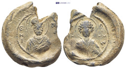 BYZANTINE LEAD SEAL. (27mm, 13.3 g) Obv: Bust of St Nicholas offering a blessing and holding the Gospel. Inscription on either side. Rev: Bust of sain...